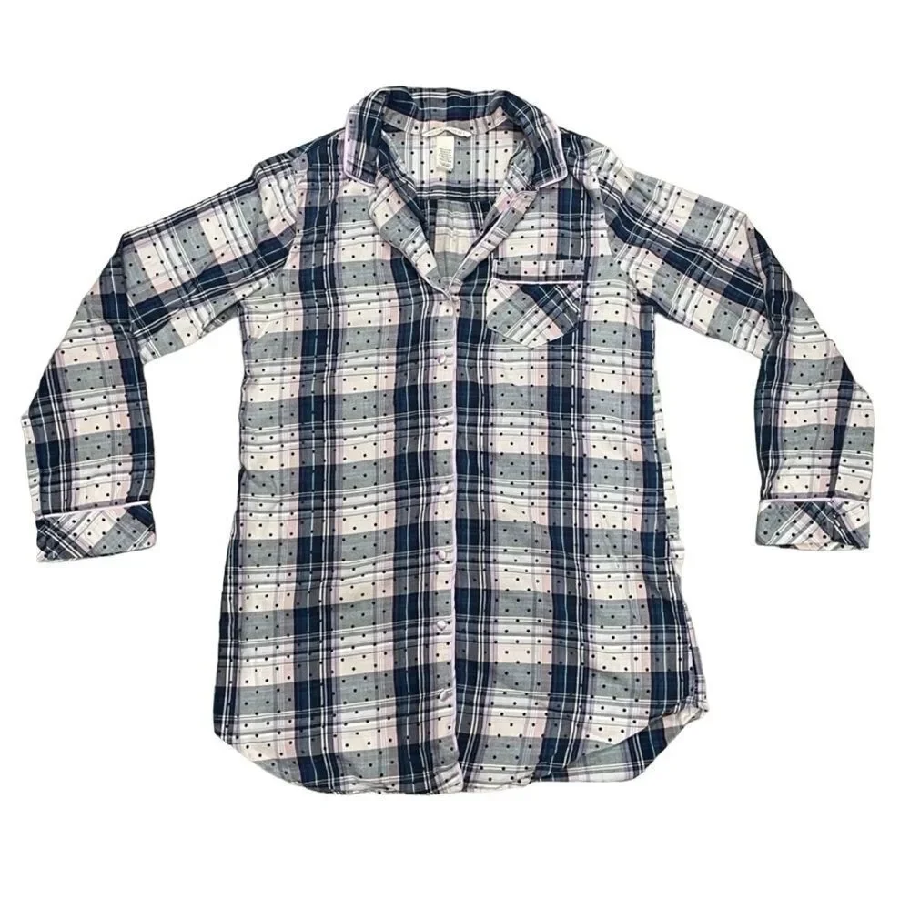 Victoria’s Secret Plaid Button Up Pajama Shirt Pink Lavender Blue Black Size XS